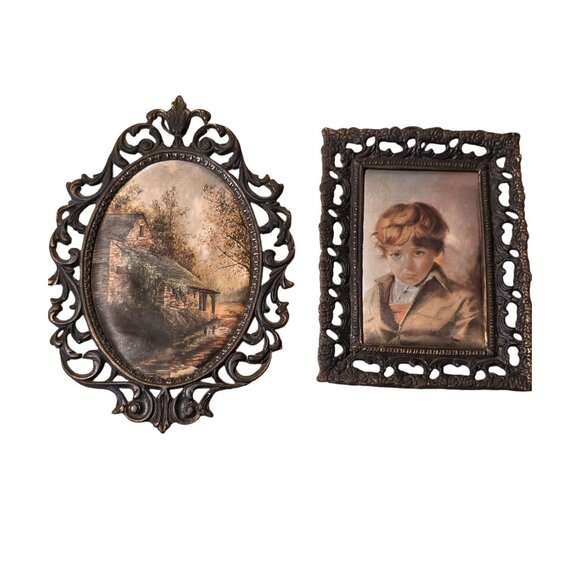 Art Deco Ornate Brass Frame Painting on Silk Set Boy & Rustic Cottage Scene